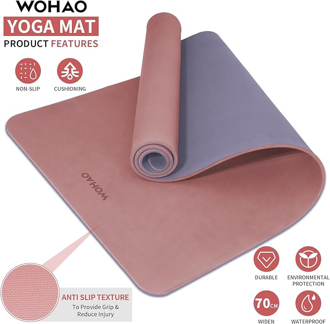 WOHAO Extra Thick 8mm Yoga Mat, 72"x28" Non Slip Exercise Mat, Reversible 2-Sided Dual Color Premium POE Material, with Carrying Strap for Yoga, Pilates, Home Gym