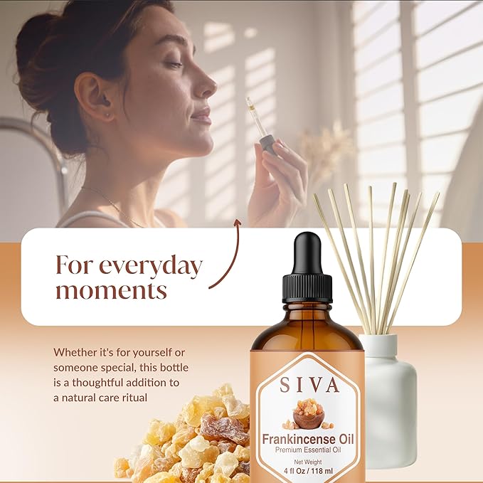 Siva Frankincense Essential Oil - 4 Fl Oz – 100% Natural Boswellia Serrata Oil - for Diffuser, Face, Skin Care, Aromatherapy, Hair Care, Scalp and Body Massage - with Dropper