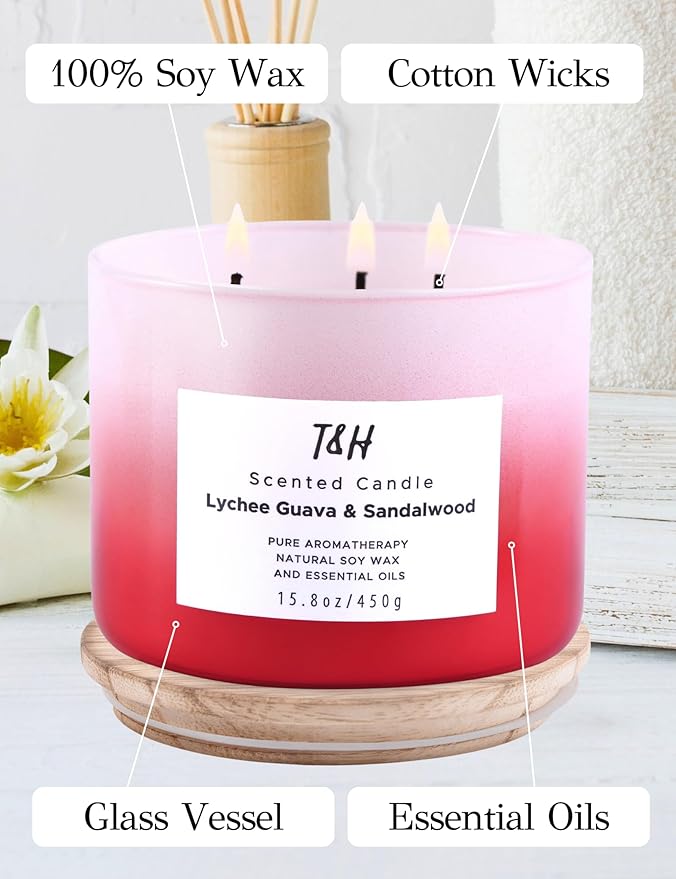 Lychee Guava Sandalwood 3-Wick Soy Scented Candle, 15.8 oz Large | Tropical Fruity Candle for Home | Aromatherapy Candle | Highly Scented, Clean Burning, Long Lasting