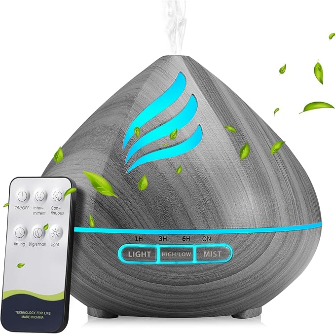 Essential Oil Scent Diffuser: 500ML Aroma Diffuser with Remote Control, Large Fragrance Aromatherapy Diffuser for Bedroom Home, Mist Humidifier & 14 Colors LED Lights and waterless Auto-Off, Dark Grey