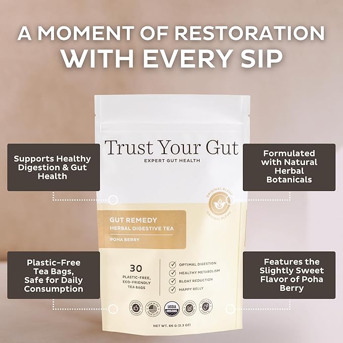 Trust Your Gut Organic Herbal Tea Blend – Lemon Balm, Holy Basil, Dandelion & Ginger Root – Supports Healthy Digestion & Gut Balance – Poha Berry, 30 Bags