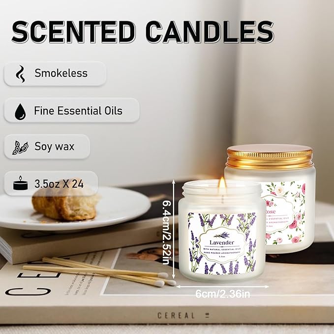24-Pack White Frosted Scented Candles Set - 3.5oz Assorted Floral & Fruit Fragrances,Odor Eliminating,for Home Decor, Gifting & Relaxation.