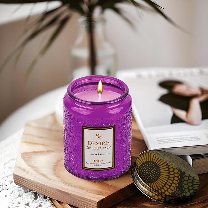 Aroma Lavender Jar Candle - 100% Natural Soy Wax - 50-Hour Burn Time | 7.5oz Soy Wax Candles | Long-Lasting | Stress Relief | Fresh Home Fragrance | Gift Set for Women (Purple Glass Bottle)