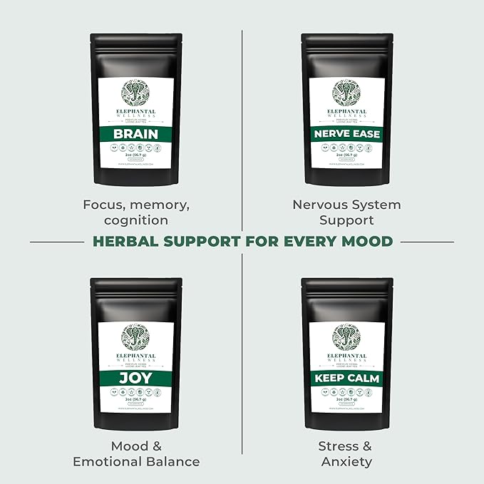 Elephantal Wellness Premium Brain Herbal Tea | Nootropic Focus & Mental Clarity with Ginkgo, Bacopa, Gotu Kola & Rosemary | Non-GMO, Caffeine-Free Coffee Alternative, Handmade Loose Leaf Blend, 2oz Loose Leaf, 20 Servings