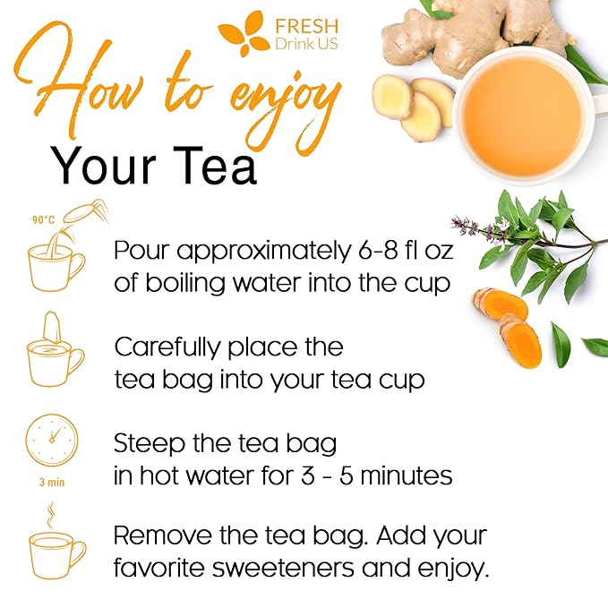 FreshDrinkUS, Premium 55 Tulsi Turmeric Ginger Tea Bags, 100% Natural & Pure from Tulsi Holy Basil Leaves, Turmeric and Ginger. Made with Natural Material Tea Bags. No Sugar, No Caffeine, Vegan.