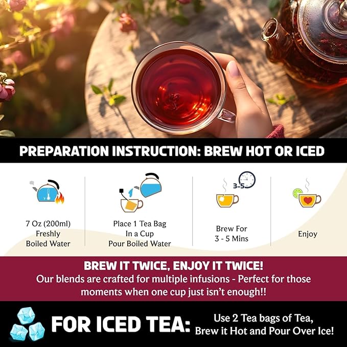BREWIX, Hibiscus Lychee Tea Bags (25 Plant Based Tea Bags) Caffeine-Free, Made with Real - Hibiscus Flowers, Black Tea, Rosehip, Apple, Licorice, Rose | Contains Antioxidants & Support Overall Health