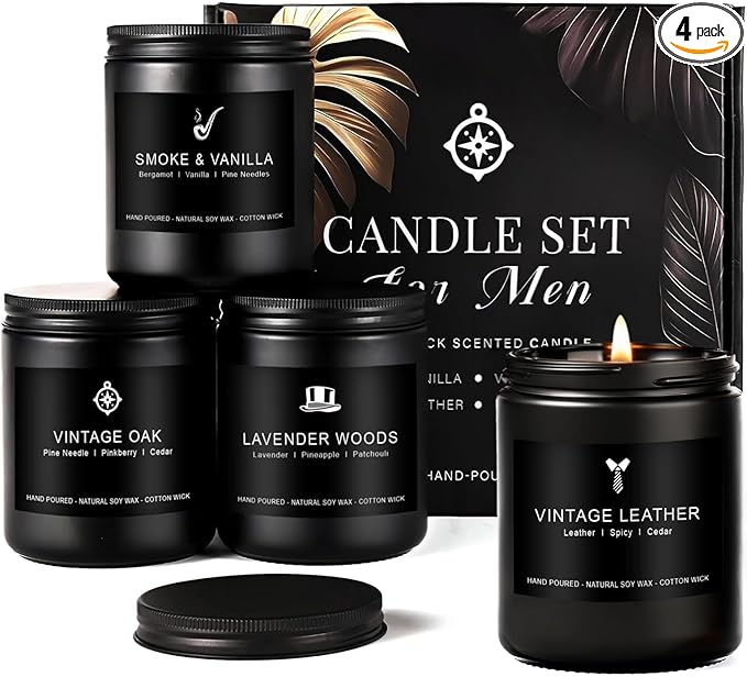 Scented Candles for Men Gift Set, Masculine Soy Candle Set with Leather, Smoke & Oak Scents – 4 Pack Manly Aromatherapy Candles for Home, Office & Relaxation Gifts for Him