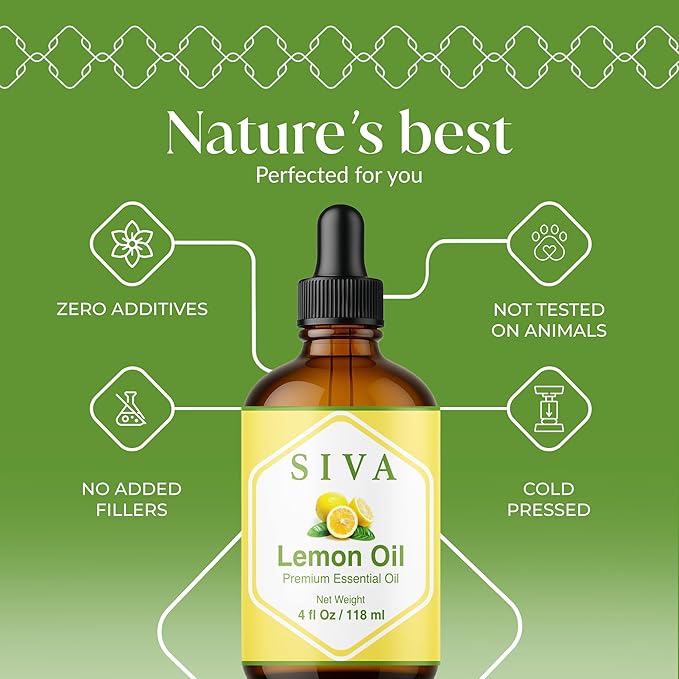 Siva Lemon Essential Oil - 4 Fl Oz – 100% Natural Lemon Oil - for Diffuser, Face, Skin Care, Aromatherapy, Hair Care, Scalp and Body Massage - with Dropper