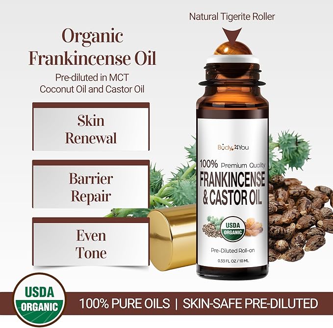 BodyJ4You Frankincense Essential Oil Roll On - Pure 100% USDA Organic Castor Oil + MCT Coconut Oil - Natural Tigerite Stone Roller - Skin Care Calm Breathwork - Amber Glass Bottle Rollerball (10ml)
