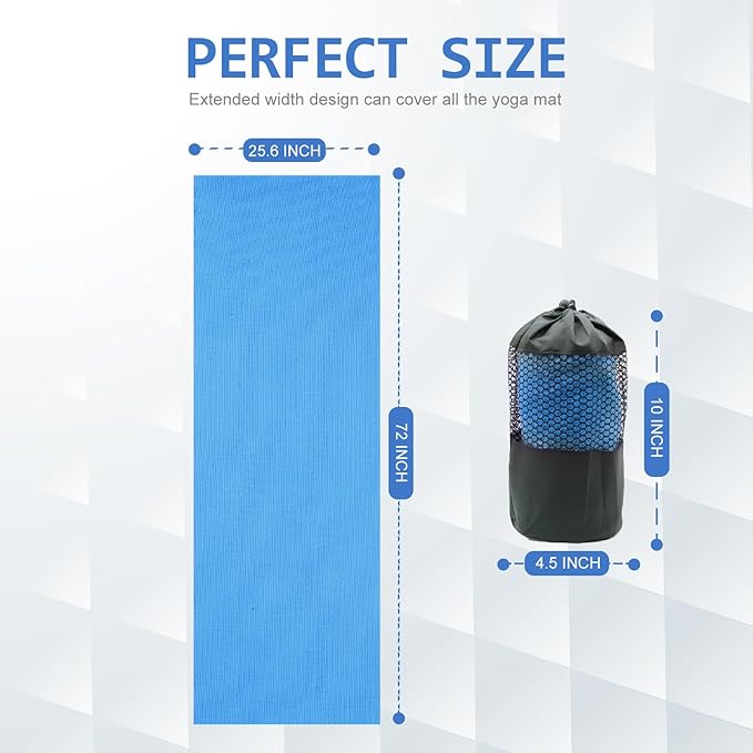 Eunzel Yoga Towel,Hot Yoga Mat Towel with Grip Dots Sweat Absorbent Non-Slip for Hot Yoga, Pilates and Workout 24" x72", Blue