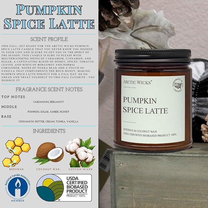 Arctic Wicks 3 Pack Fall Candles Honey Spiced Pear, Pumpkin Spice Latte, Apple Macintosh | Coconut Beeswax Candles | 9oz Amber Jar | Farmhouse Non-Toxic Clean Burn 100% USDA Certified Biobased