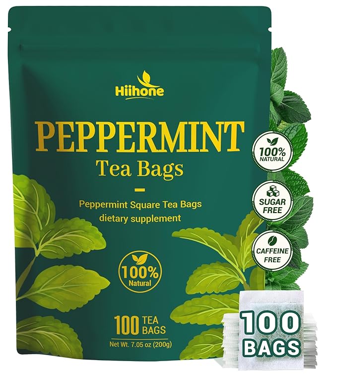 Hiihone Peppermint Tea Bags, Pure & Natural Peppermint Leaves, Fresh Minty Herbal Tea, Naturally Caffeine-Free, Non-GMO, Enjoy Hot or Iced, 100 Tea Bags