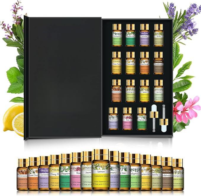 PHATOIL Essential Oils Gift Set 15 x 5ml, Pure Essential Oil Aromatherapy Oil for Skin Care, Hair Care, Bath, Ideal for Humidifier, Diffuser, Relax