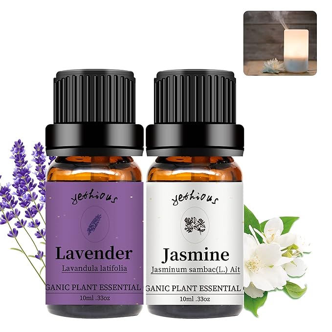 yethious Jasmine Lavender Essential Oil Set Organic Pure for Jasmine Essential Oil for Diffuser & Aromatherapy Lavender Oil Set