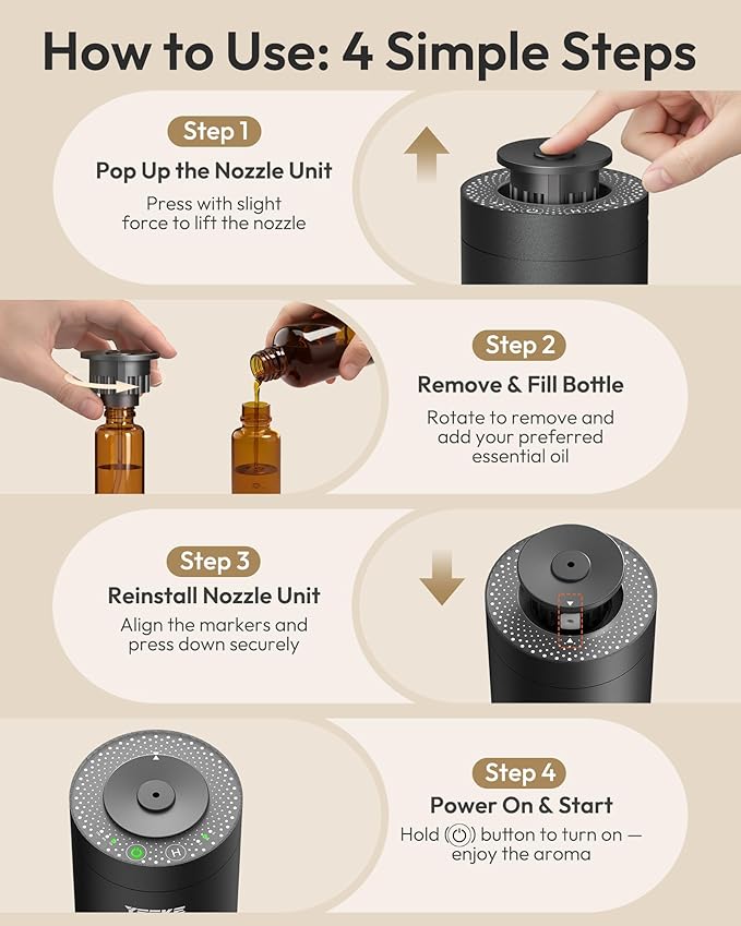 Waterless Essential Oil Diffuser – Portable Aromatherapy Diffuser with 20mL Capacity, 3 Timer & Mist Modes, Battery Operated Scent Air Machine for Home, Office, Car – Black