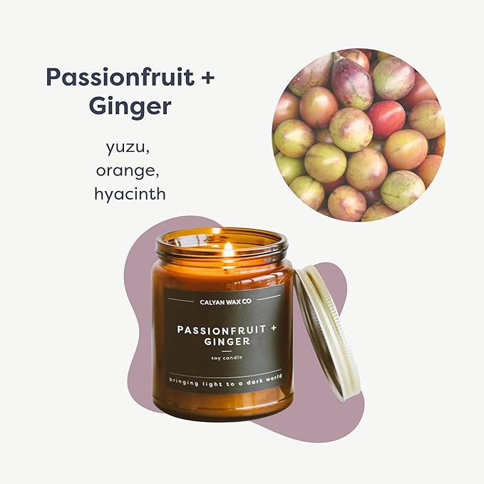 Calyan Wax Co. Passionfruit & Ginger Scented Candle - 57 Hour Burn - Luxury Non Toxic Soy Wax Candles - Long Lasting Amber Glass Jar Candle for Home - 7.2oz