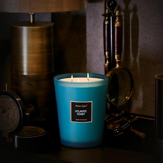 HomeLights Scented Candle | Large Jar Candle - 33.3 Oz. Natural Soy Aromatherapy Candles | Up to 130 Hours Burn Time with 3 Cotton Wicks,Home Decorative Fragrance Candles Gift - Atlantic Coast