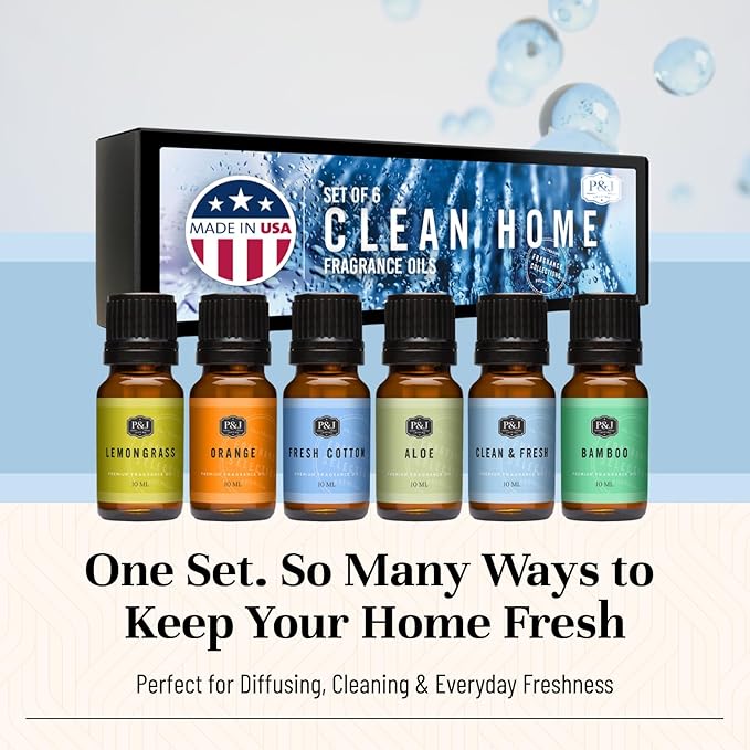 P&J Fragrance Oil Clean Home Set | Lemongrass, Fresh Cotton, Clean & Fresh, Aloe, Bamboo, Orange Candle Scents for Candle Making, Freshie Scent, Soap Making Supplies, Diffuser Oil Scents