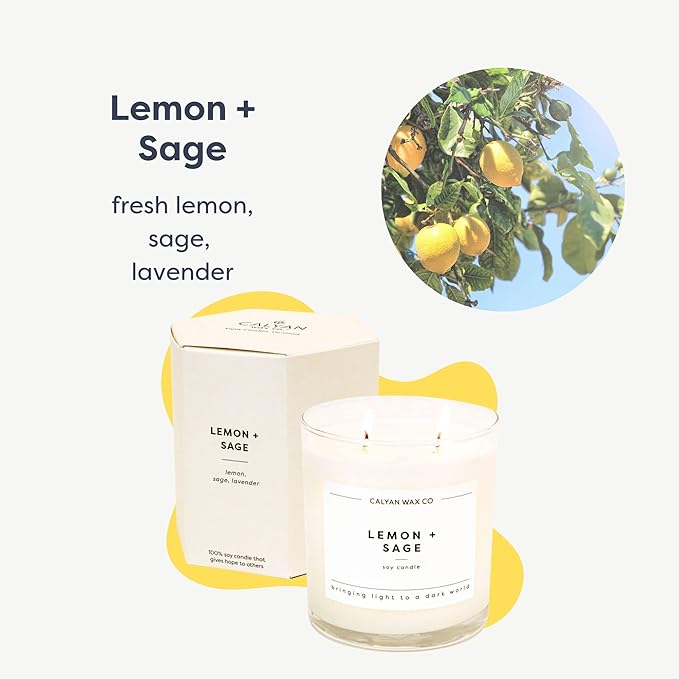 Calyan Wax Co. Lemon & Sage 2 Wick Scented Candle - 37 Hour Burn - Luxury Non Toxic Soy Wax Candles - Long Lasting Large Glass Jar Candle for Home - 8.8oz