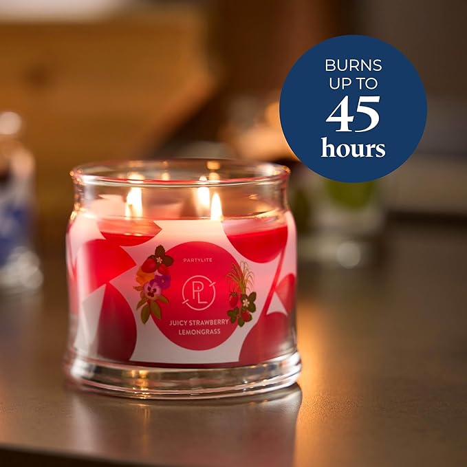 PartyLite Juicy Strawberry Lemongrass Scented, Notes of Lemongrass, Eucalyptus, Pansies, Verbena & Cedarwood, 13.2oz 3-Wick Jar Candle, 45 Hour Burn Time, Luxurious Fragrance, Ideal for Gifting