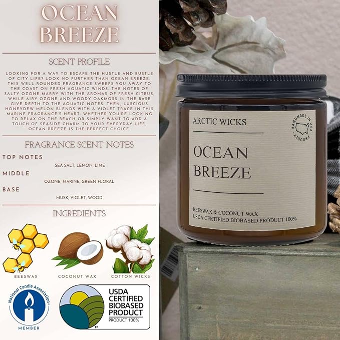 Spring Scented Candle 3 Pack Set | Sea Salt & Orchid, Ocean Breeze, Arctic Storm | Arctic Wicks Coconut Oil & Beeswax Candles | 16oz Amber Non-Toxic Candles, Clean Burning 100% USDA Certified Biobased