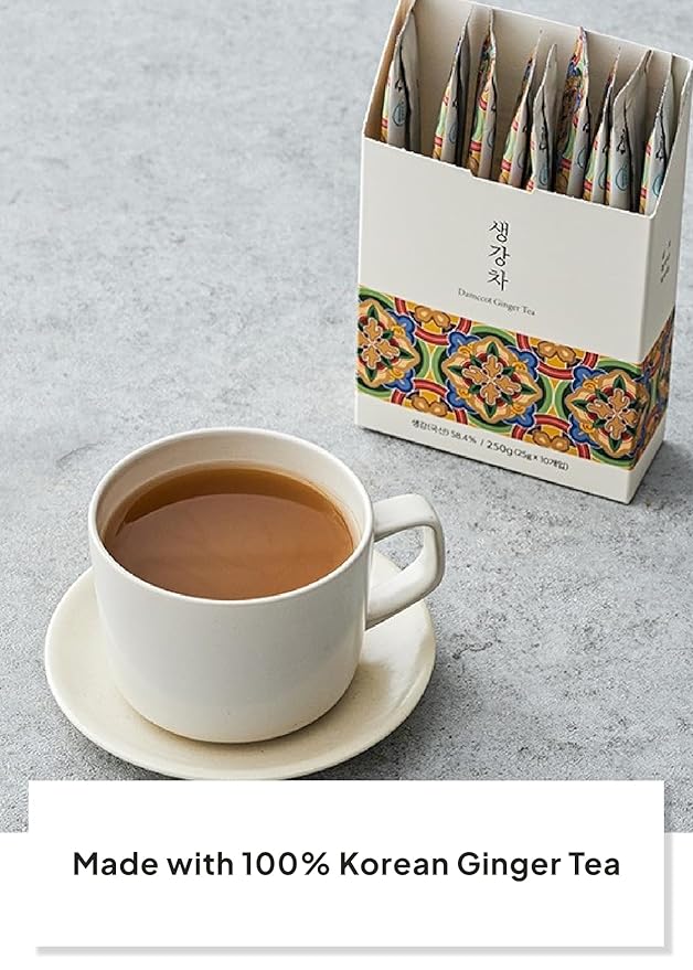 Korean Food Damccot Ginger Tea Sticks, 250g (8.8oz Total, 10 x 25g/0.9oz Each) – Concentrated, Authentic Korean Ginger Extract for Warm/Cold Beverages & Milk Lattes, 생강차