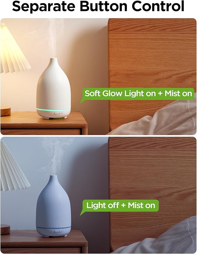 InnoGear Oil Diffuser, 150ML Ceramic Diffuser for Essential Oils Handcrafted Aromatherapy Diffuser Ultrasonic Cool Mist Humidifier with 2 Mist Modes Waterless Auto Off for Room Office, White Base
