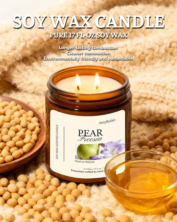 2 Wicks 17oz Large Non-Toxic Soy Wax Scented Candle, Pear & Freesia 120 Hours of Burn Time, Long Lasting Candle for Gift, Cost-Effective Candle for Home Fragrance, Aromatherapy