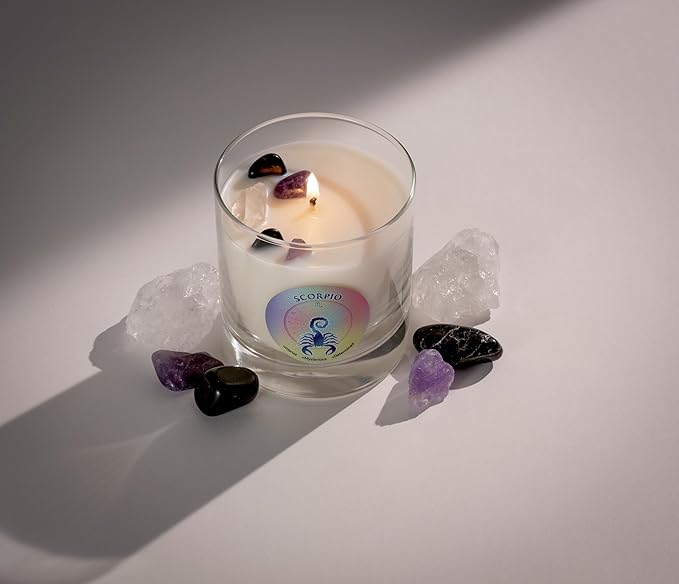 Luxury Glass Jar Candle, Scorpio Zodiac Sign, 8.8 oz - Crystal Infused - Scents of Ozone, Citrus, Sandalwood & Amber - USA Made, Coconut-Soy Wax, Essential Oils, Dr. Developed