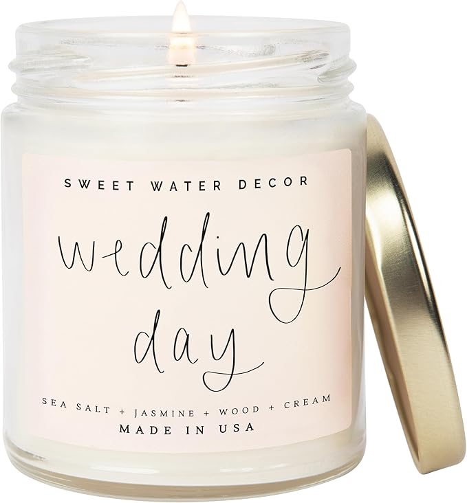 Sweet Water Decor Wedding Candle - Sea Salt, Jasmine, Cream, and Wood Scented Soy Wax Candle for Home - Engagement and Wedding Gifts for Her - 9oz Clear Jar, 40 Hour Burn Time, Made in The USA