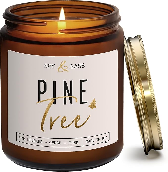 Pine Candle, Pine Scented Candles, Christmas Candles Scented - 'Pine Tree' Soy Candle, w/Fir Needles, Warm Cedar & Sandalwood - Infused with Essential Oils I 9oz, 50 Hour Burn, Handmade in USA