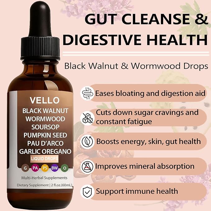 VELLO Black Walnut Wormwood Gut Cleanse | Soursop, Pumpkin Seed, PAU D'arco, Garlic Oregano, Digestion Aid & Boosts Energy, Gut Health & Absorption (2)