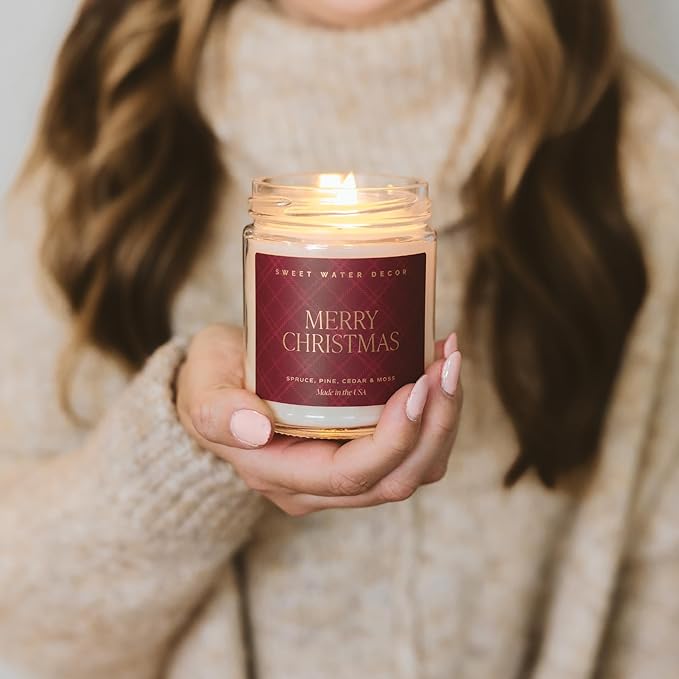 Sweet Water Decor Merry Christmas Scented Candles - Christmas Stocking Stuffers Soy Candles with Cypress & Lemon Scent - Christmas Candles with 40 Hours Burn Time - 9Oz Gold Lid Clear Jar Wax Candles