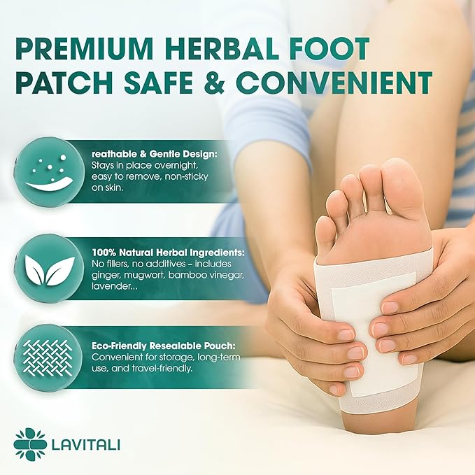 Lavitali, Bamboo Vinegar Foot Pads | 30 Pieces | Odor Control, Relaxation, Keep Warm for Soles | Breathable, Daily Natural Herbal Pads