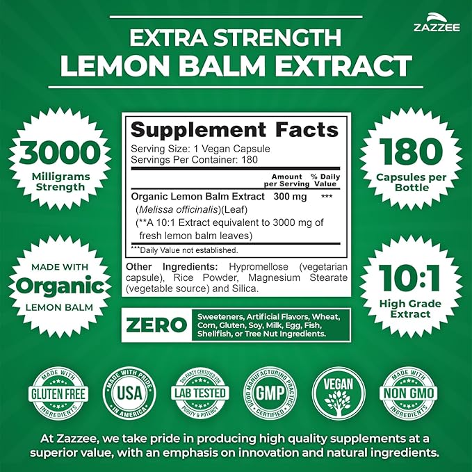 Zazzee Organic Lemon Balm 10:1 Extract, 3000 mg Strength per Capsule, 180 Vegan Capsules, 6 Month Supply, Standardized and Concentrated 10X Extract, 100% Vegetarian, All-Natural and Non-GMO