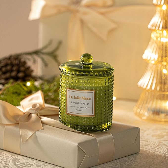 LA JOLIE MUSE Christmas Candle, Starlit Golden Fir Candle - Cedarwood, Patchouli, Fir Balsam | 10 oz Natural Soy Wax | 55 Hours Clean Burn |Winter Holiday Gift | Gift-Ready for Hosts & Gatherings