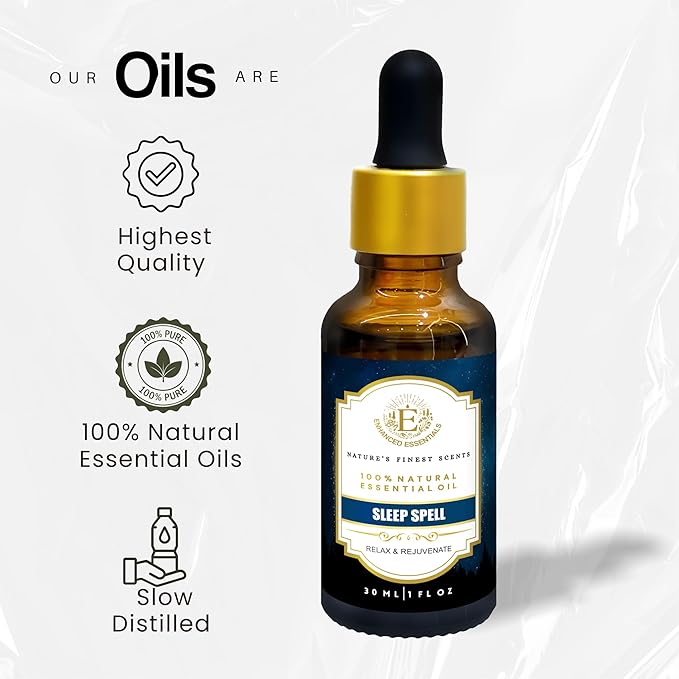 Sleep Spell Essential Oil Blend by Enhanced Essentials|Slow-Distilled French Lavender, Sandalwood, Rose Geranium & Chamomile|Promotes Deep Sleep & Calm|for Diffuser, Pillow & Bath|1 fl oz (30 ml)