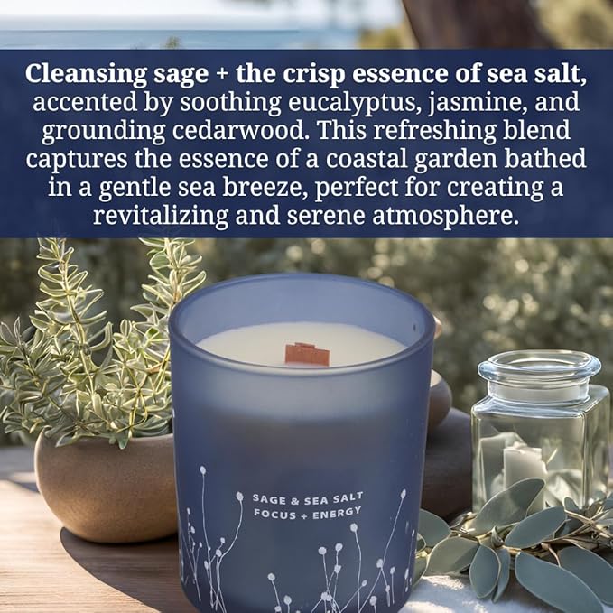 White Sage Sea Salt Wood Wick Soy Scented Candle, 10.6 oz | Sage Candle for Cleansing House | Aromatherapy Energy Cleansing Candle for Home, Meditation, Clean Burning Long Lasting
