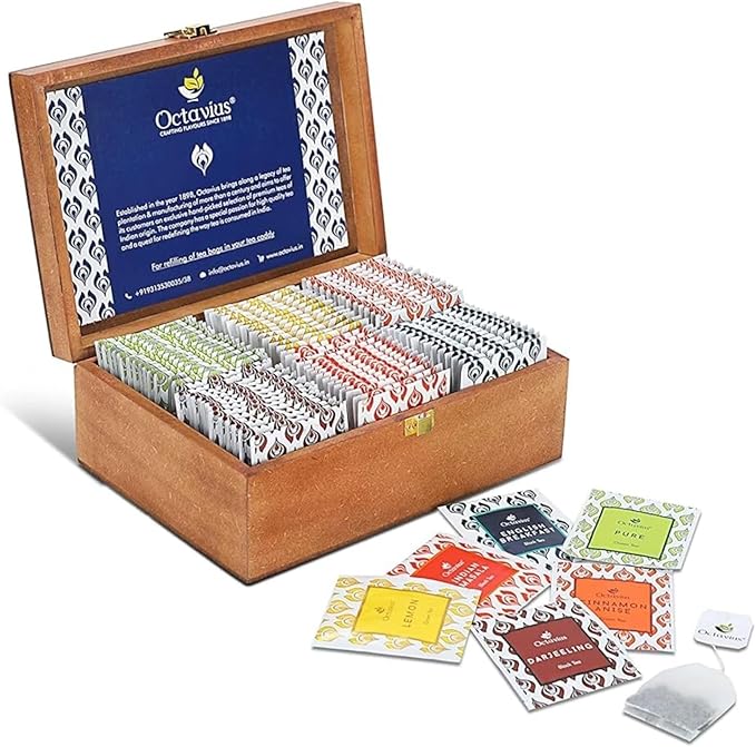 Octavius Gift's Select - Assorted Tea in Lotus Printed Wooden Box | 6 Flavors, 90 Tea Bags | Black & Green Tea | Tea Gifts for Women & Men | Tea Variety Pack