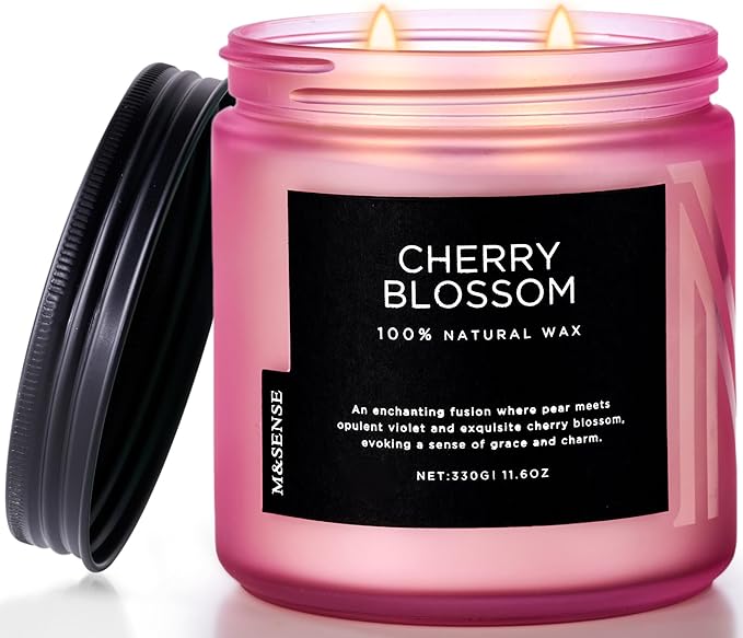 M&SENSE Cherry Blossom Scented Spring Candle, 70 Hours Long Lasting Soy Wax 11.6oz Stress Relief Aromatherapy Candles, Romantic Gifts for Women, Glass Jar for Bedroom Decor