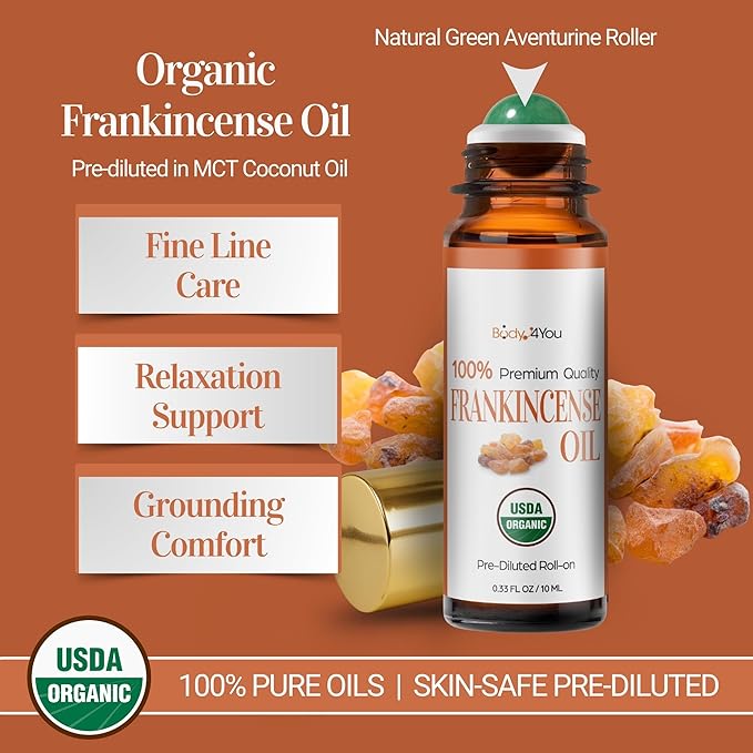 BodyJ4You Frankincense Essential Oil Roll On - Pure 100% USDA Organic MCT Coconut Oil - Natural Green Aventurine Stone Roller - Skin Care Grounding Pulse Point - Amber Glass Bottle Rollerball (10ml)