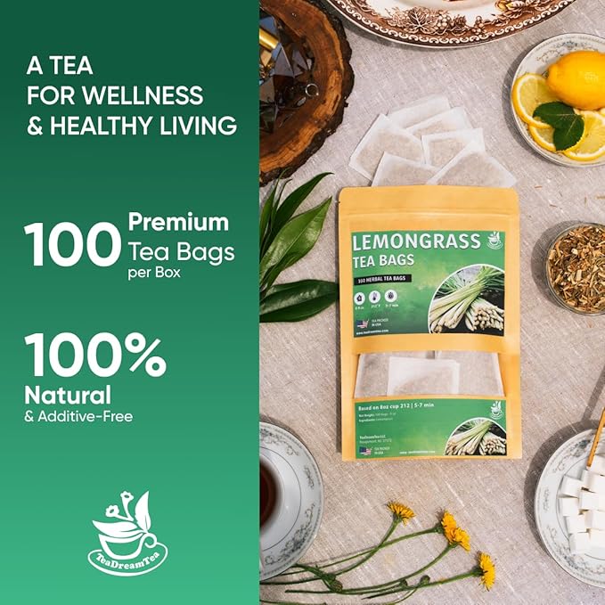 Lemongrass Tea Bags - 100 Bags (Premium Natural Pure Leaf Tea - 100 Count) Gluten-Free and Caffeine-Free Herbal tea for Relaxation, Wallness, Immune Support with Smooth Taste