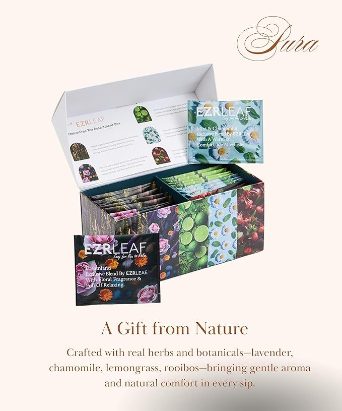 Decaf Herbal Tea Sampler – EZR Leaf 22ct Caffeine-Free Pyramid Bags, Assorted Fruit & Floral Blends with Lemon Verbena, Chamomile Mint, Dreamland, Roselle – Variety Tea Assotment Set for Tea Lovers