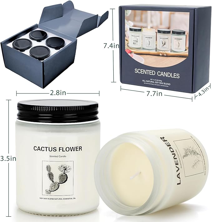 4 Pack Soy Wax Candle Gift Set – Long Lasting Aromatherapy Candles for Home, Lavender, Cactus Flower & Wood Scents, Natural Relaxing Spa Candles for Women