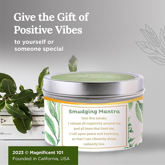 Magnificent 101 Long Lasting Pure White Sage Scented Candle - 6 oz - 35 Hour Burn - Natural Soy Wax Smudge for House Energy Cleansing, Positive Vibes & Manifestation