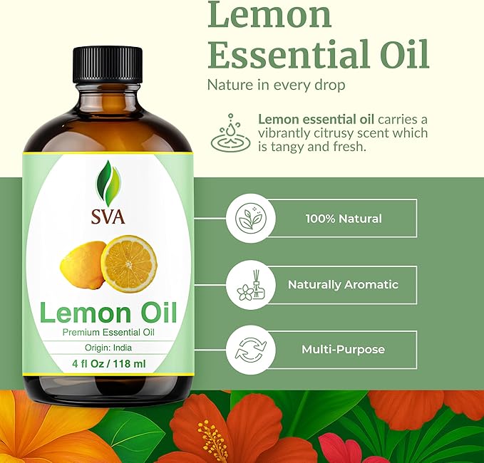 SVA Lemon Essential Oil – 4 Fl Oz – 100% Natural Lemon Oil - for Diffuser, Hair Care, Face, Skin Care, Aromatherapy, Scalp and Body Massage, Soap and Candle Making – with Dropper