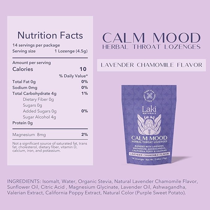 Laki Naturals Lavender Chamomile Calm Mood Functional Herbal Lozenges (2 Pack) Throat & Mood Calming Hard Candies with Magnesium, Ashwagandha, California Poppy & Valerian