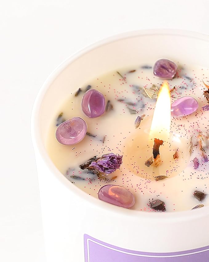 AOOVOO Lavender Scented Candles for Women - Aromatherapy Candle with Crystals Inside, 10oz Soy Candles for Home Scented, Birthday Gifts Christmas Candle for Women Mom