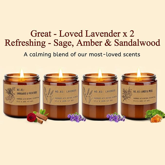 Classic 7 oz Scented Candle Gift Set, 10% Essential Oils Soy Wax Candles in Vintage Amber Jars, Aromatherapy 4-Pack – Sandalwood Rose, Lavender – Luxury Holiday Gifts for Women, Organic Soy Wax