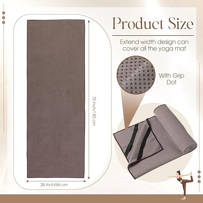 Hahafelt 3 Pack Non Slip Hot Yoga Mat Towel with Grip Dot and Secure Fit Elastic Straps 72" x 26" Microfiber Yoga Towel Absorbent Sweat for Pilates Fitness (Beige Dark Gray Coffee)